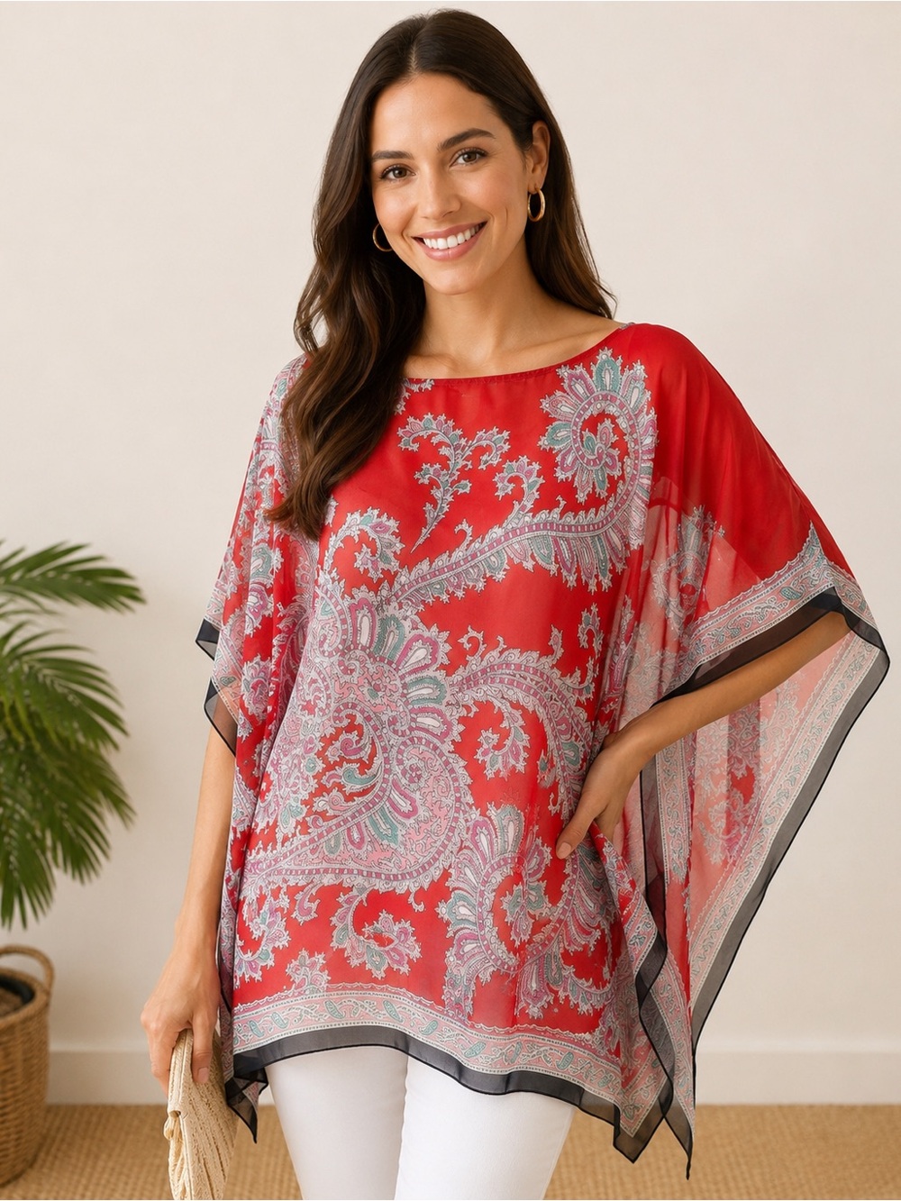 Talbots Red Silk Blouse with Printed Hem Detail